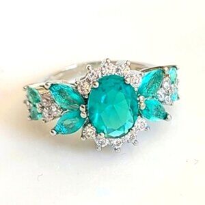 Vintage Style Sterling Silver Turquoise Green Aqua CZ Crystal Cocktail Ring 6